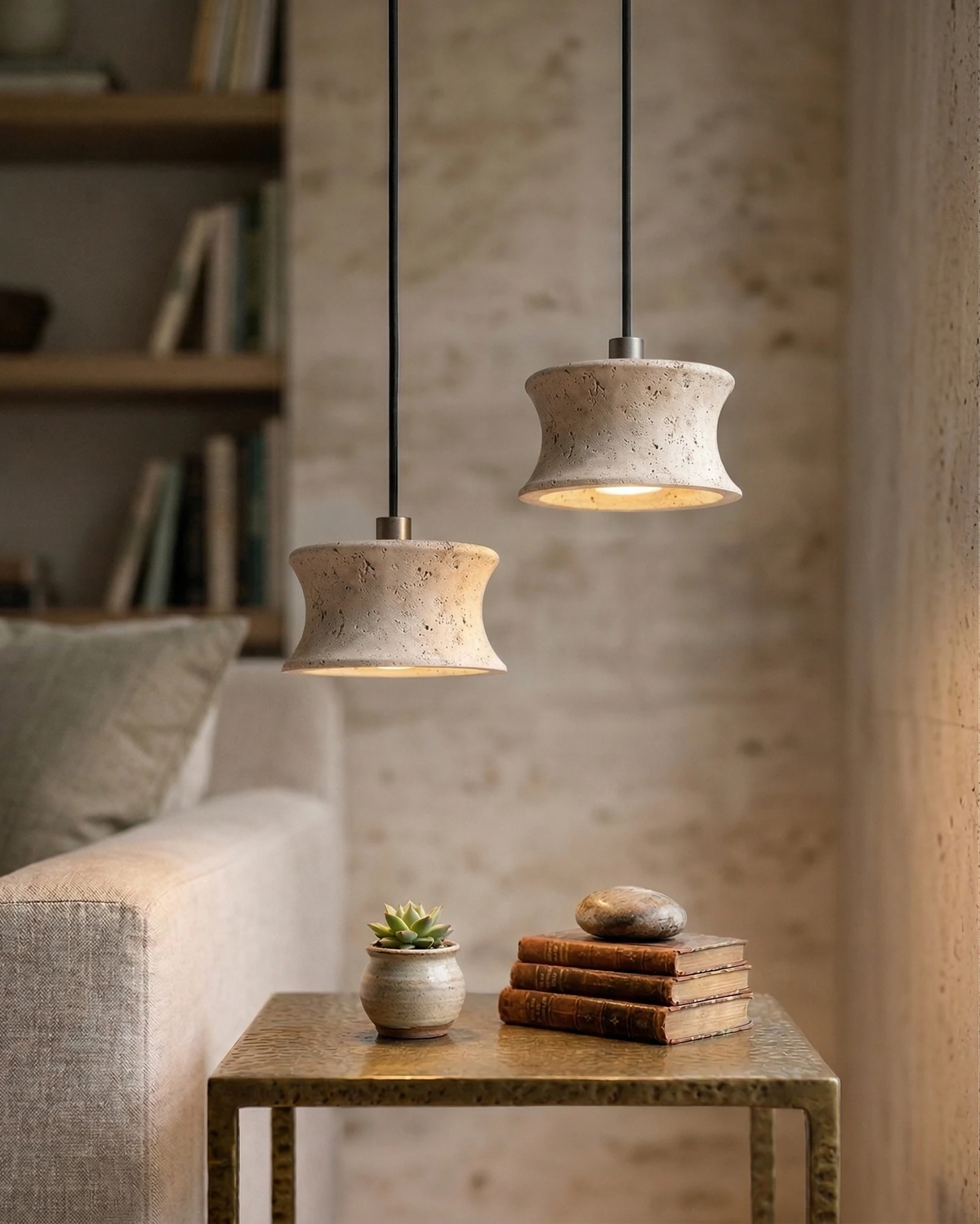 Two travertine pendant lights CONA No.04 lit at staggered heights above a brass side table with books and a sofa