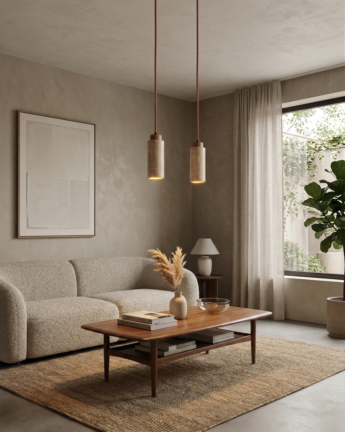 Two travertine pendant lights CORTO No.03 in cream, switched on near a window above a boucle sofa and coffee table