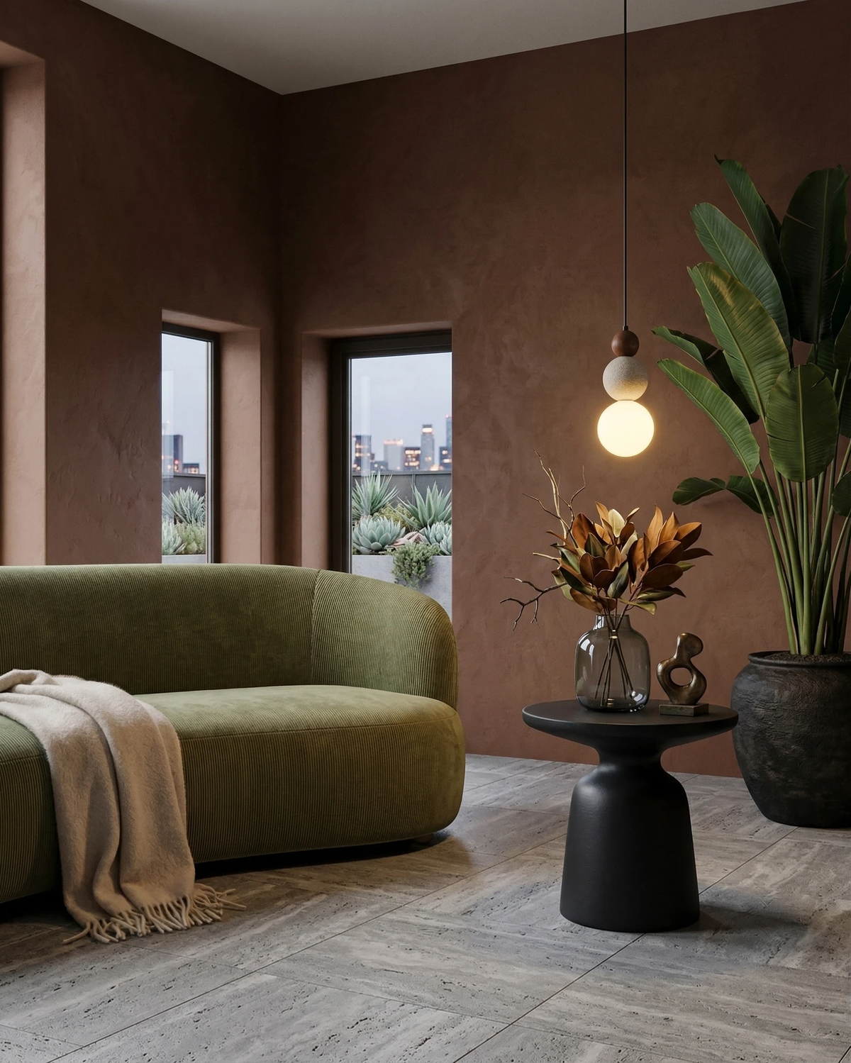 DOMUS No.04 | Stacked Wood, Travertine and Opal Pendant styled in a living room