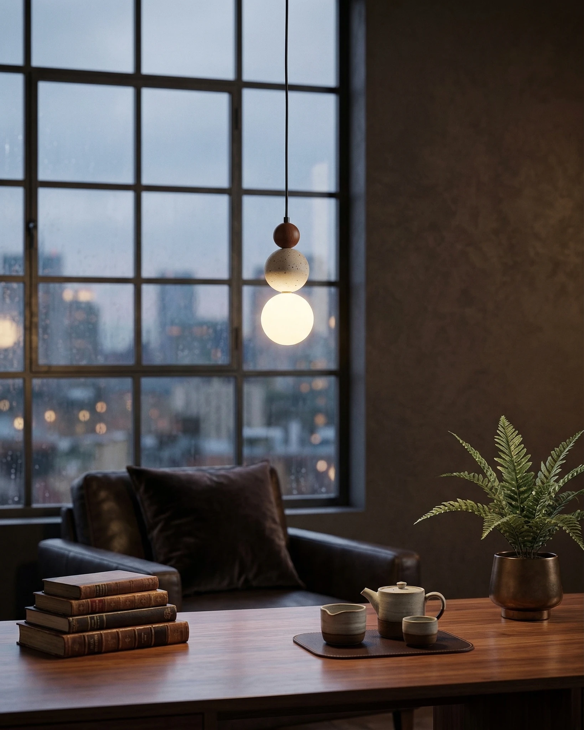 Travertine pendant light DOMUS No.04 lit by a tall industrial window at dusk above a wood table and leather chair