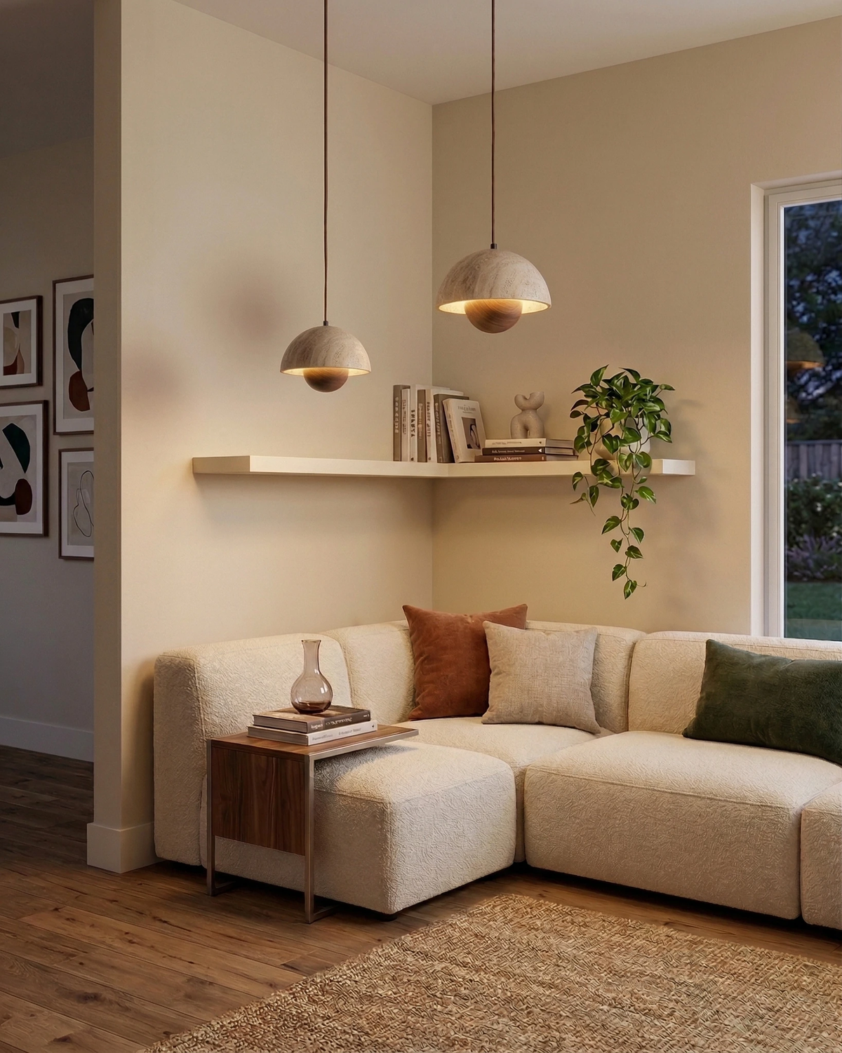 Two travertine pendant lights SOLE No.01 lit in a corner above a cream sectional sofa and floating shelf