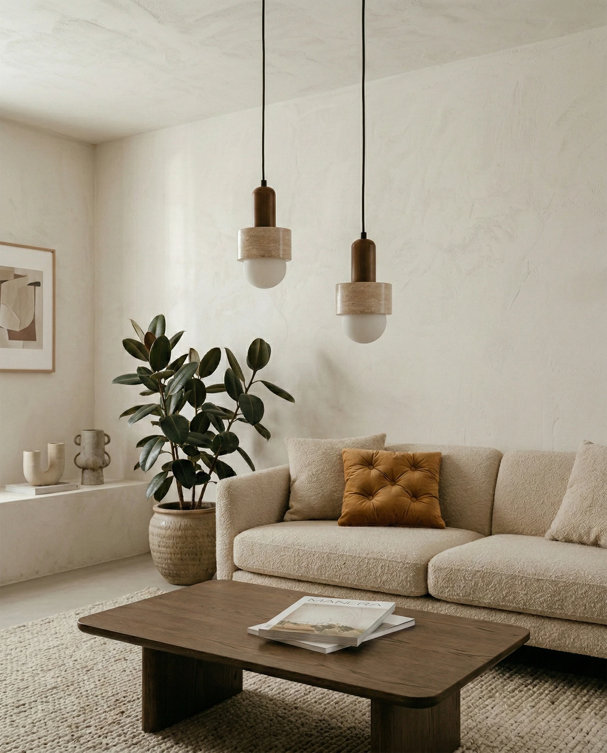 Two travertine pendant lights TONDO No.05 hanging lit over a cream sofa and dark wood coffee table