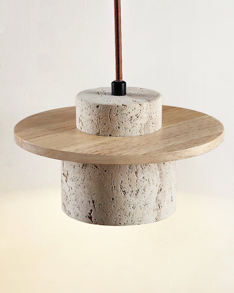 Travertine pendant light TONDO No.03 with natural wood cap, seen from a low angle on a white background