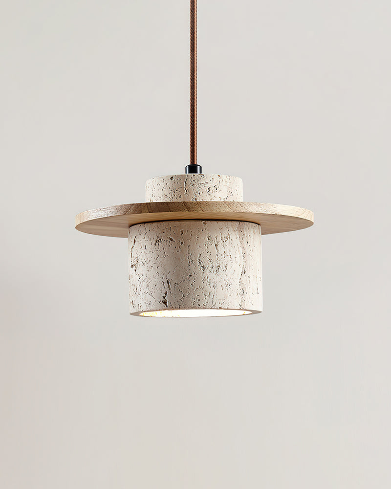 Travertine pendant light TONDO No.03 in natural wood, pitted travertine drum beneath a pale wood disc