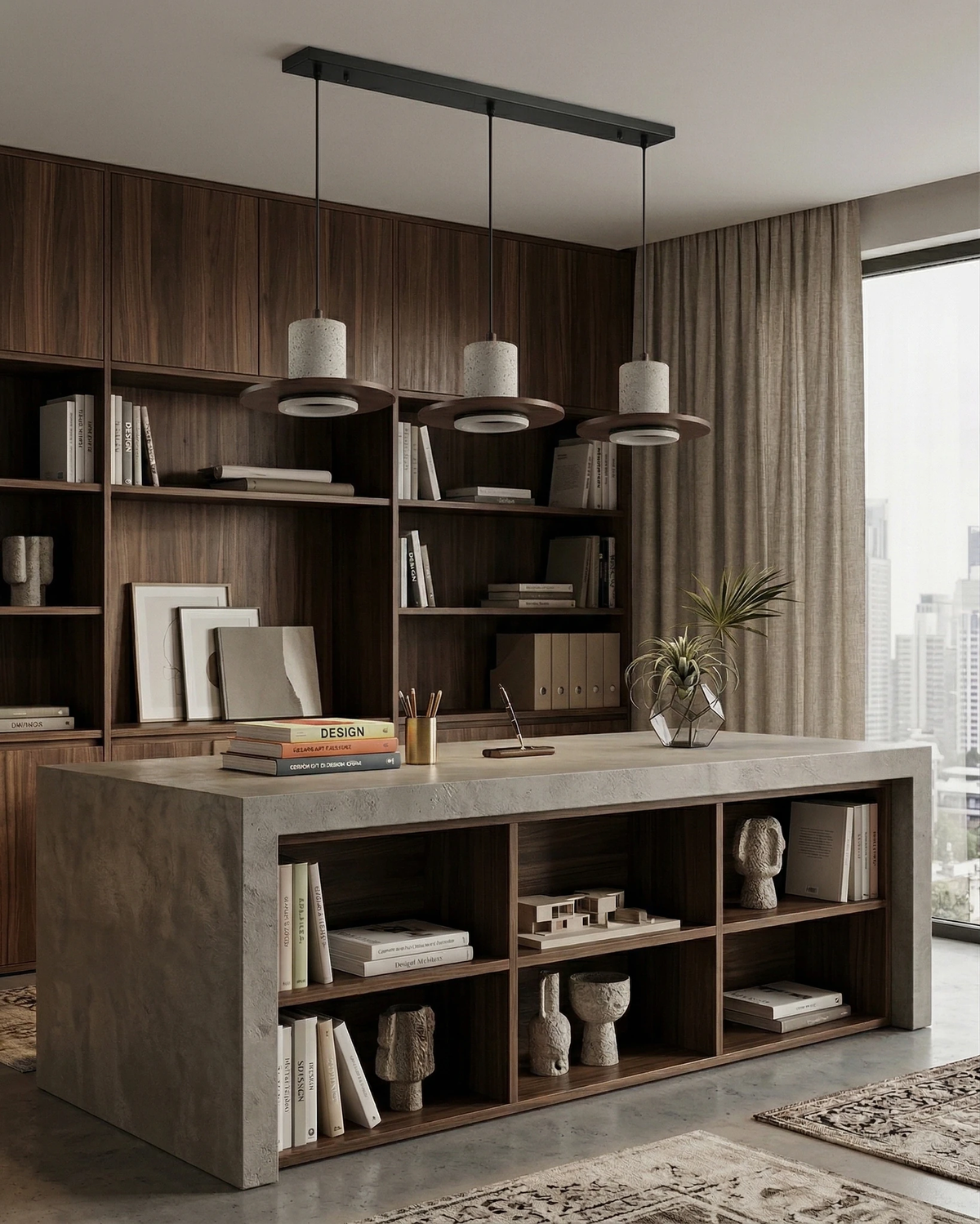 Travertine pendant light TONDO No.04, three drums on a linear bar over a concrete desk in a walnut-shelved home office