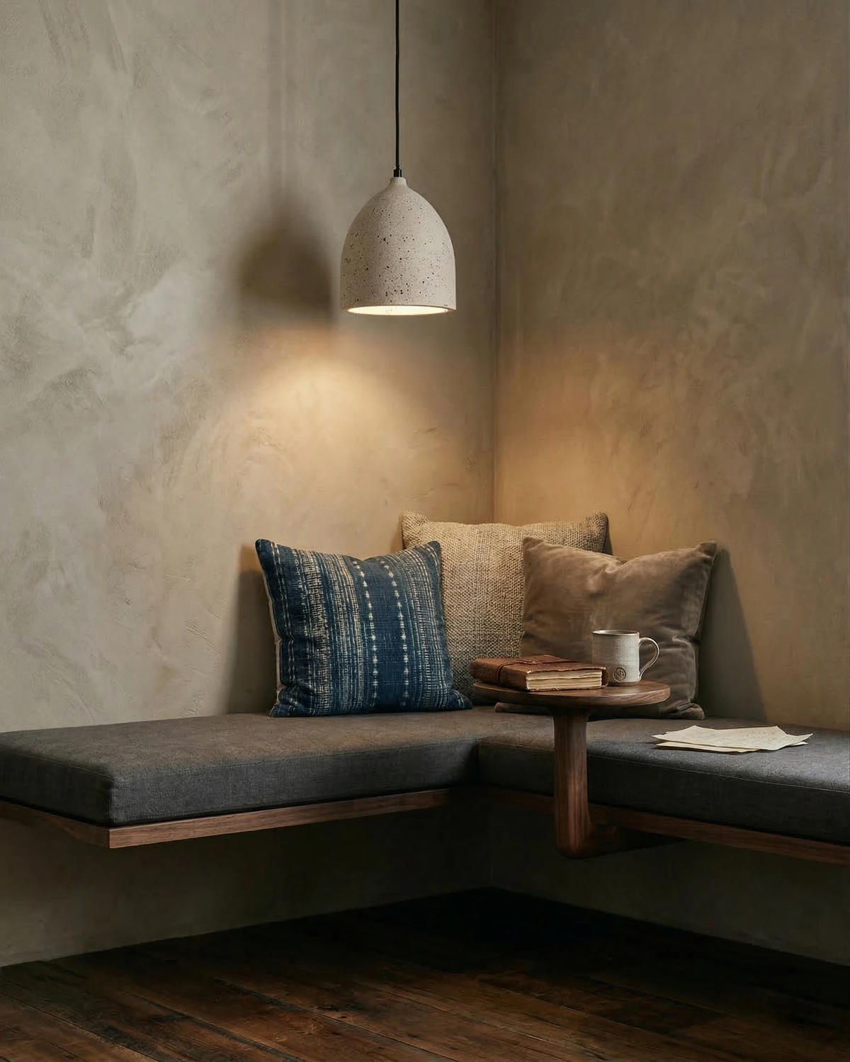 Travertine pendant light BOCCA No.01 bell shade lit above a corner banquette with cushions and a small round table