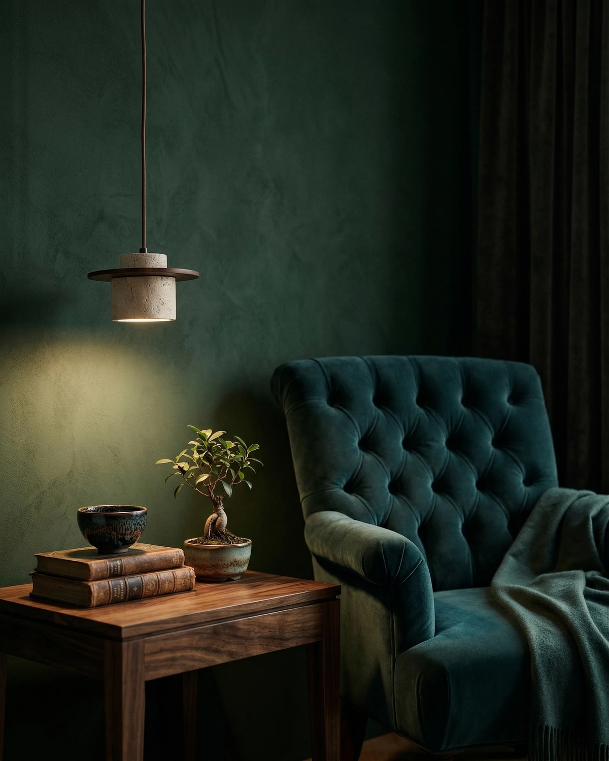 Travertine pendant light TONDO No.03 lit above a side table with books beside a green tufted armchair
