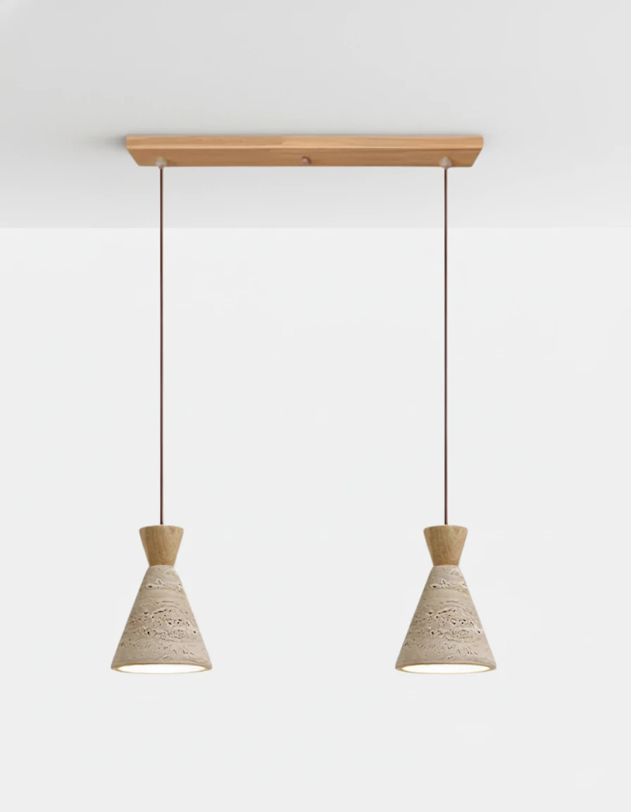 Set of two travertine pendant lights CONA No.02 Double Linear in Natural Wood, light wood bar and caps with cream cones