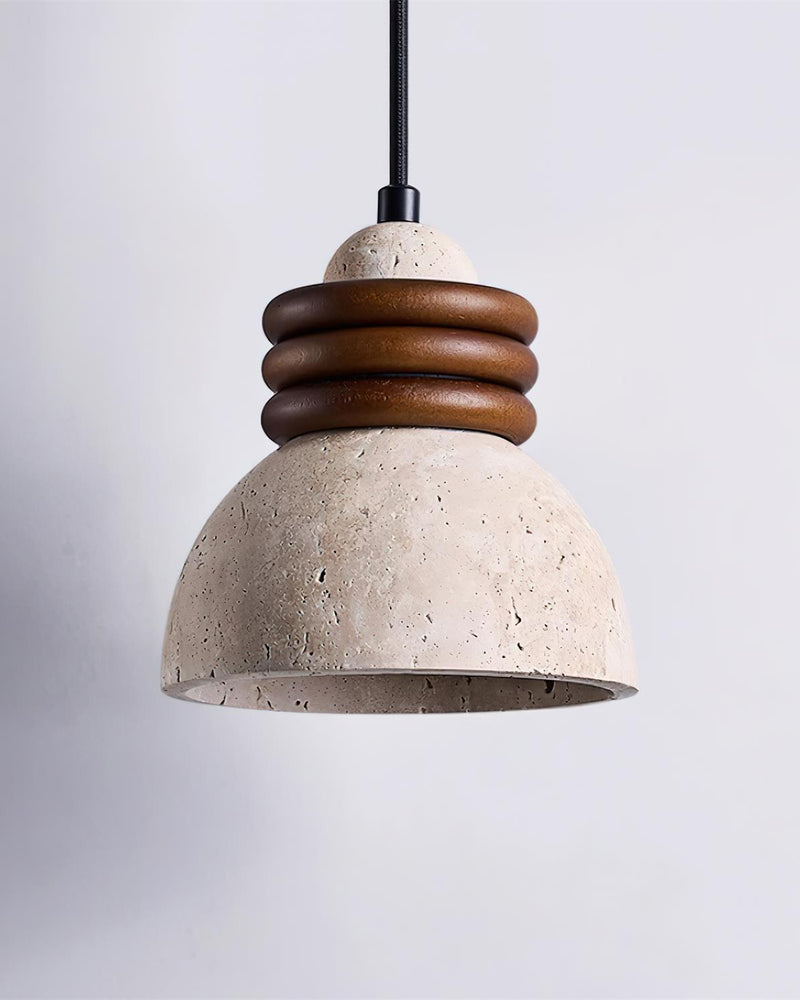 Travertine pendant light DOMUS No.03 single, beige dome and walnut rings on a black cord, unlit, side view