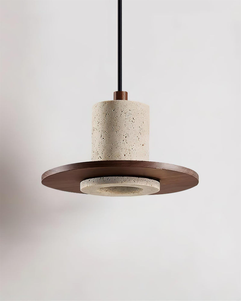 Travertine pendant light TONDO No.04 unlit, cream stone cylinder with a walnut collar resting on a thin walnut saucer