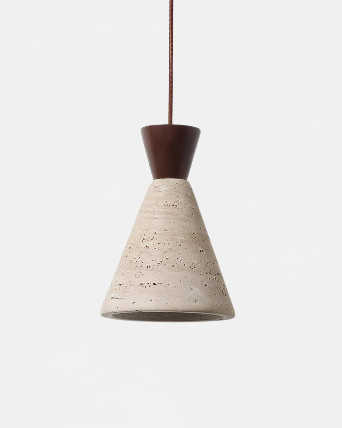Travertine pendant light CONA No.02 Single in Walnut, cream travertine cone shade with a dark walnut cap on a cord, unlit