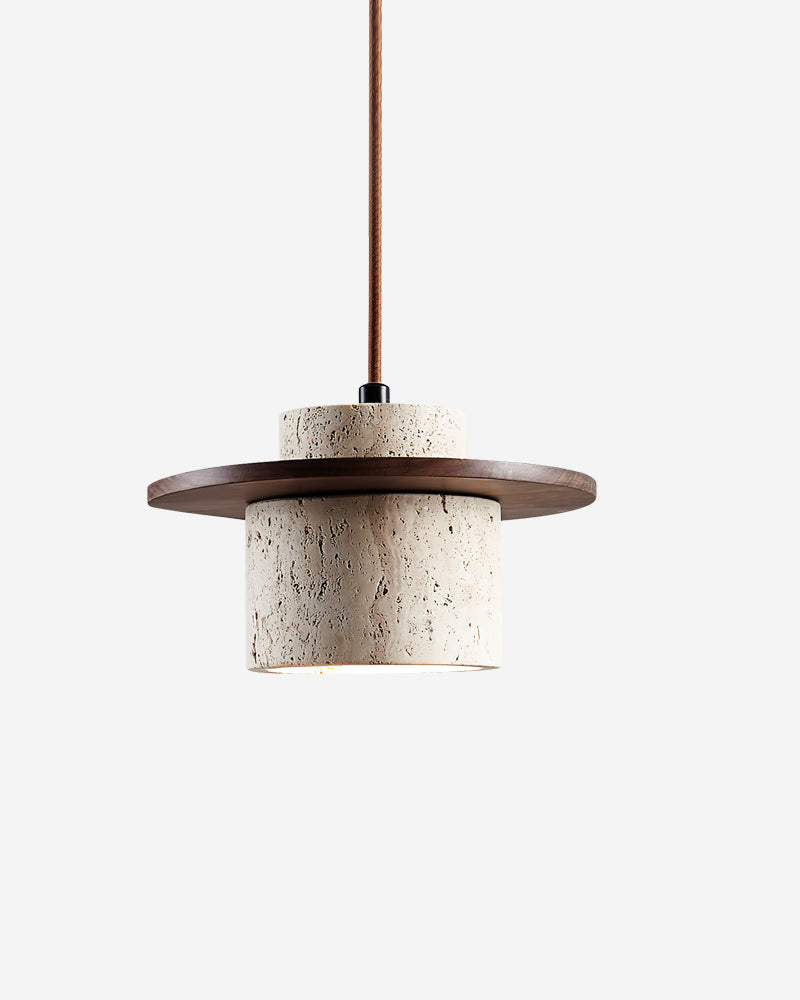 Travertine pendant light TONDO No.03 in walnut, travertine cylinder under a wide walnut disc cap, unlit