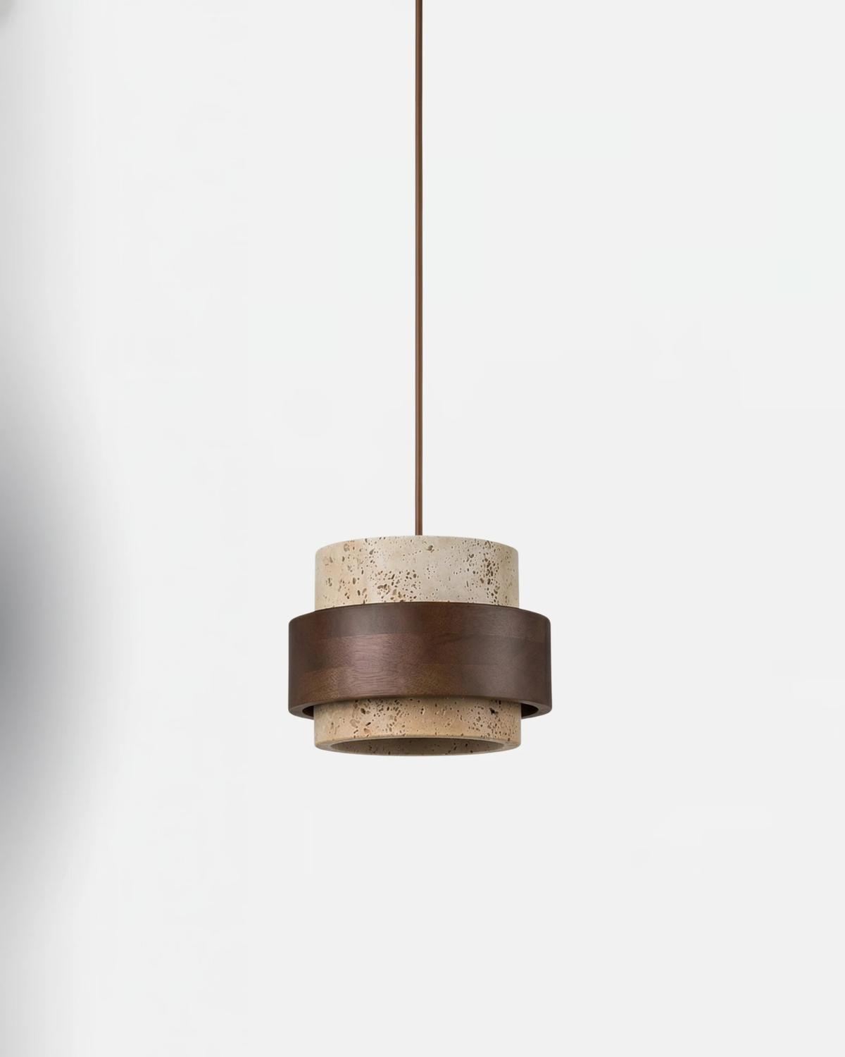 Travertine pendant light AVORIO No.05 in yellow travertine, stone drum with a dark walnut belt on a cord