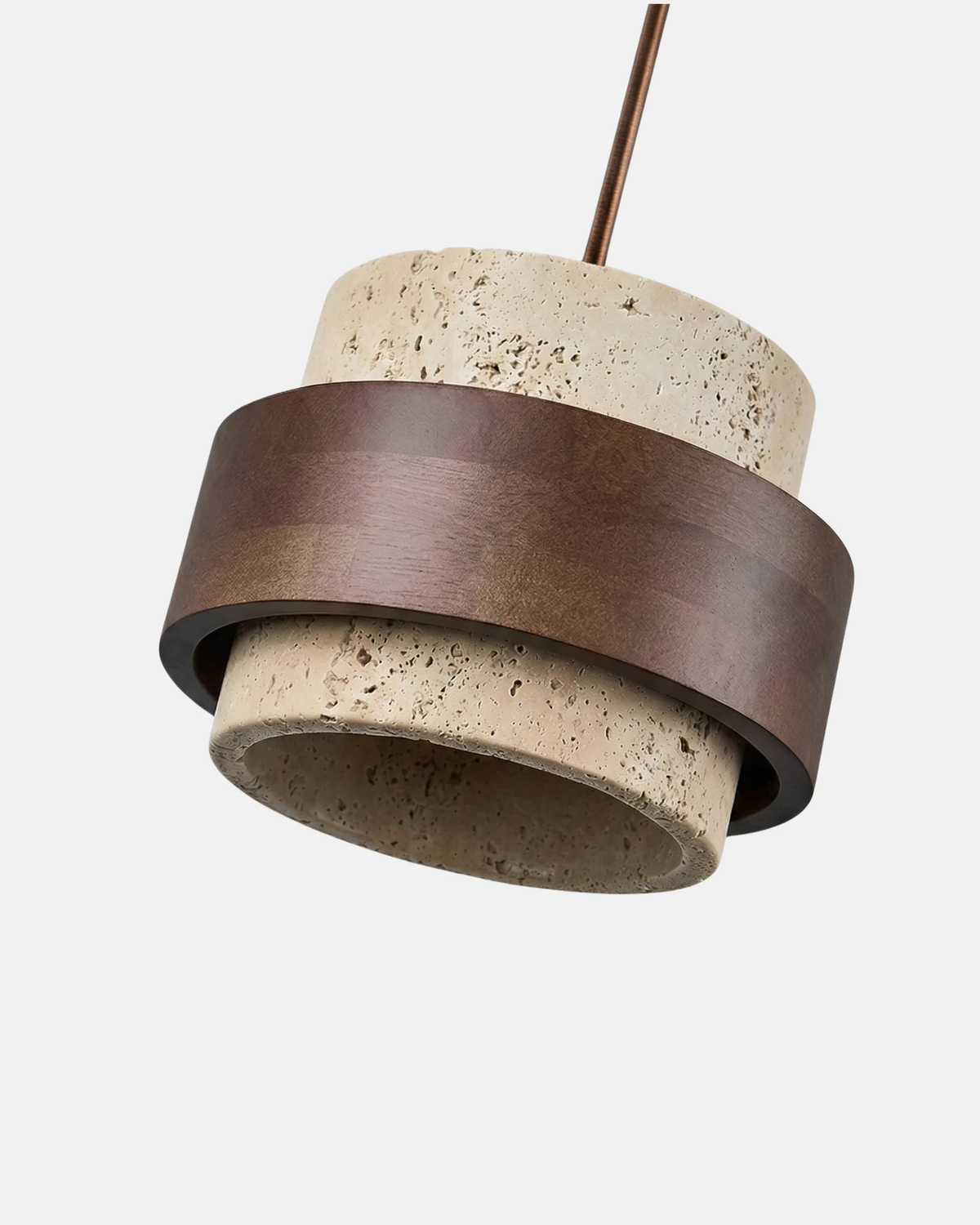 Travertine pendant light AVORIO No.05 in yellow travertine seen from below, walnut belt around the drum, unlit