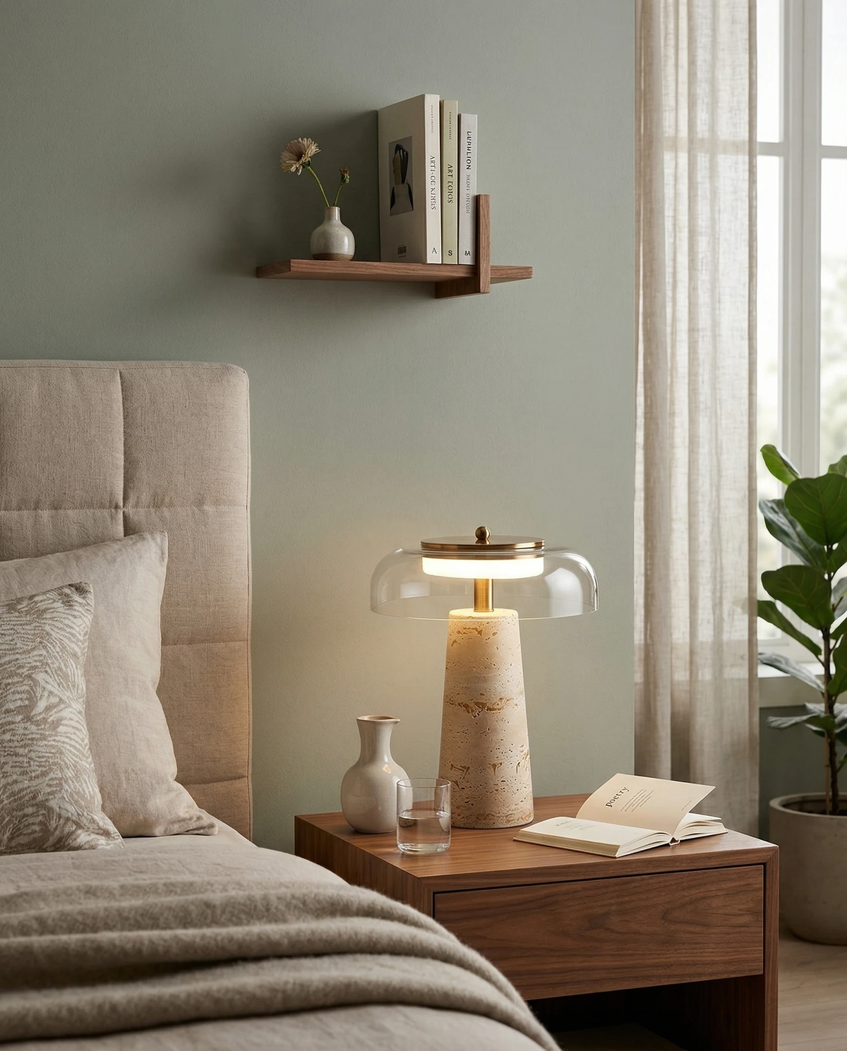Travertine table lamp MORA No.01 with a clear glass dome lit on a walnut nightstand beside a beige headboard