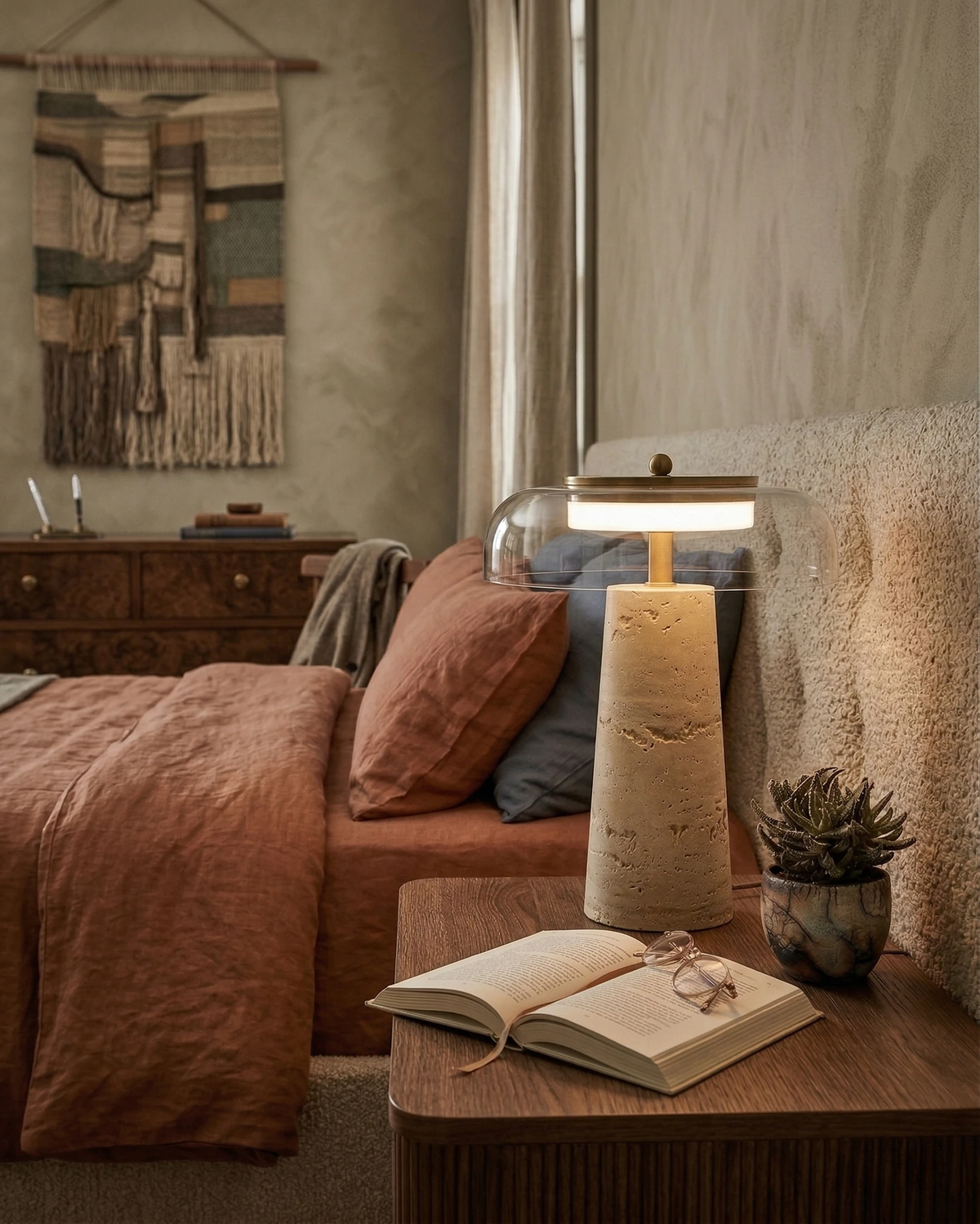 Travertine table lamp MORA No.01 glowing on a wooden nightstand by a bed with rust linen and an open book