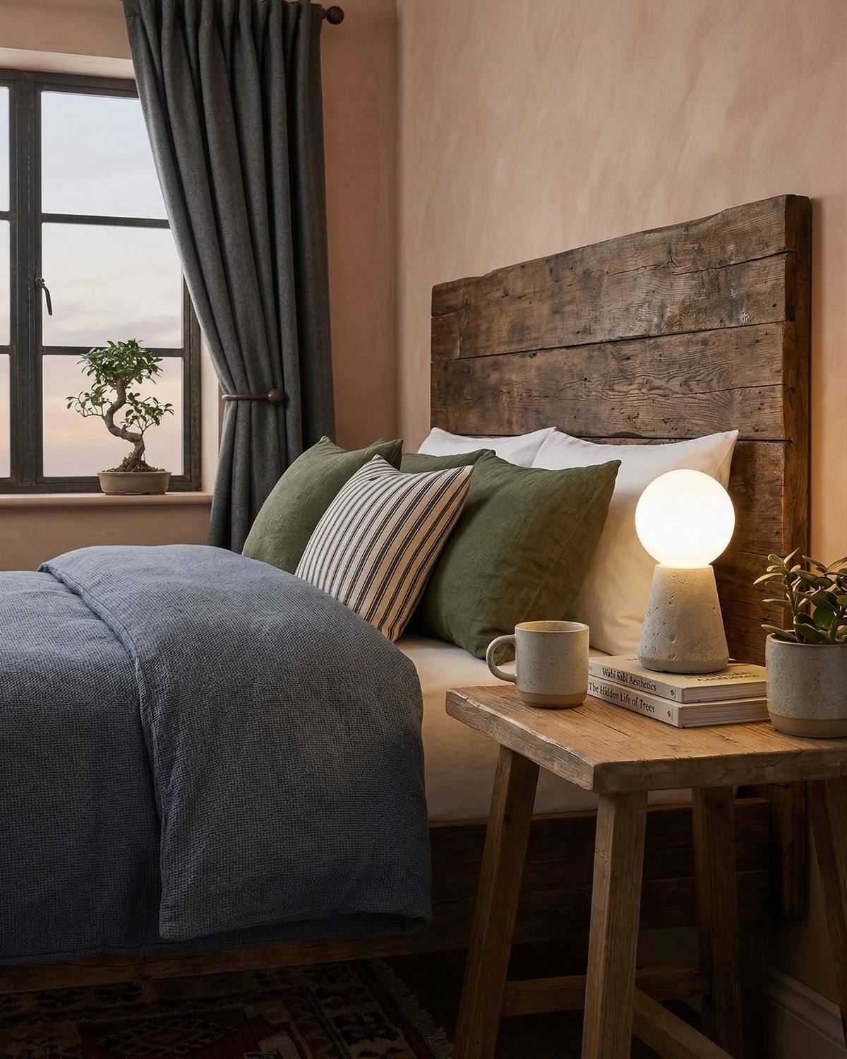 Travertine table lamp MORA No.04 conical plinth with a lit opal globe on a rustic nightstand by a reclaimed wood headboard