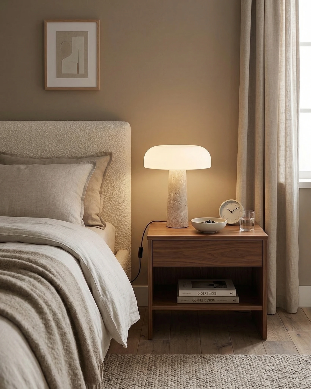 Travertine table lamp MORA No.03 lit on a walnut nightstand next to a bed with an upholstered headboard