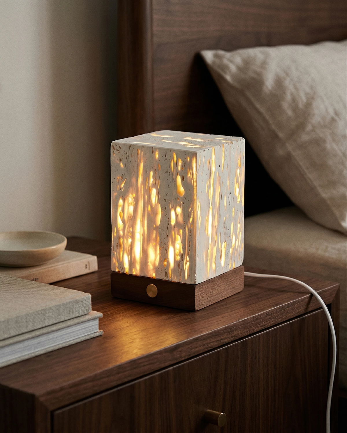 Travertine table lamp MORA No.05, tall cube glowing on a walnut nightstand beside a bed with a walnut headboard