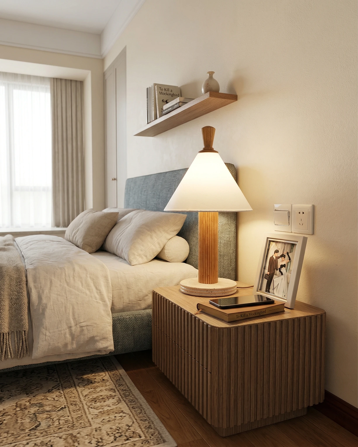 Travertine table lamp IMOLA No.01 lit on a fluted wood nightstand beside a bed with a gray headboard