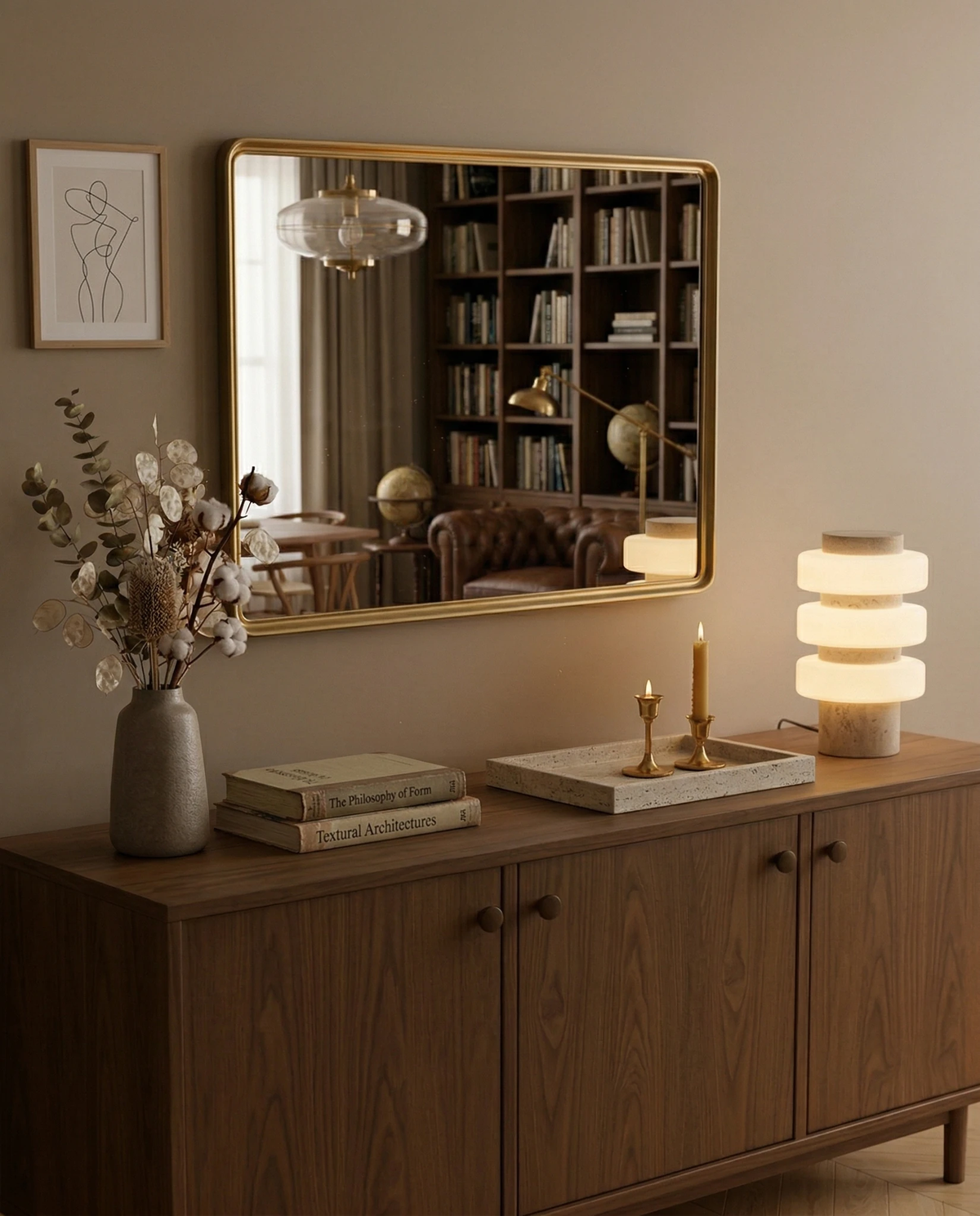 Travertine table lamp PIETRA No.05 lit on a wood sideboard beneath a large gold-framed mirror
