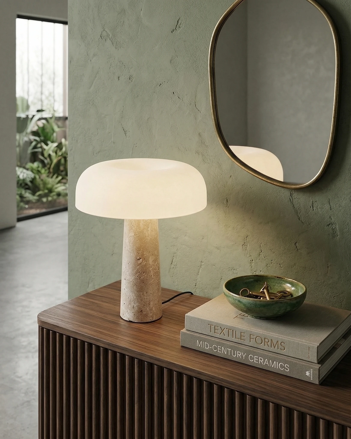 Travertine table lamp MORA No.03 lit on a fluted walnut sideboard beside a mirror on a green wall