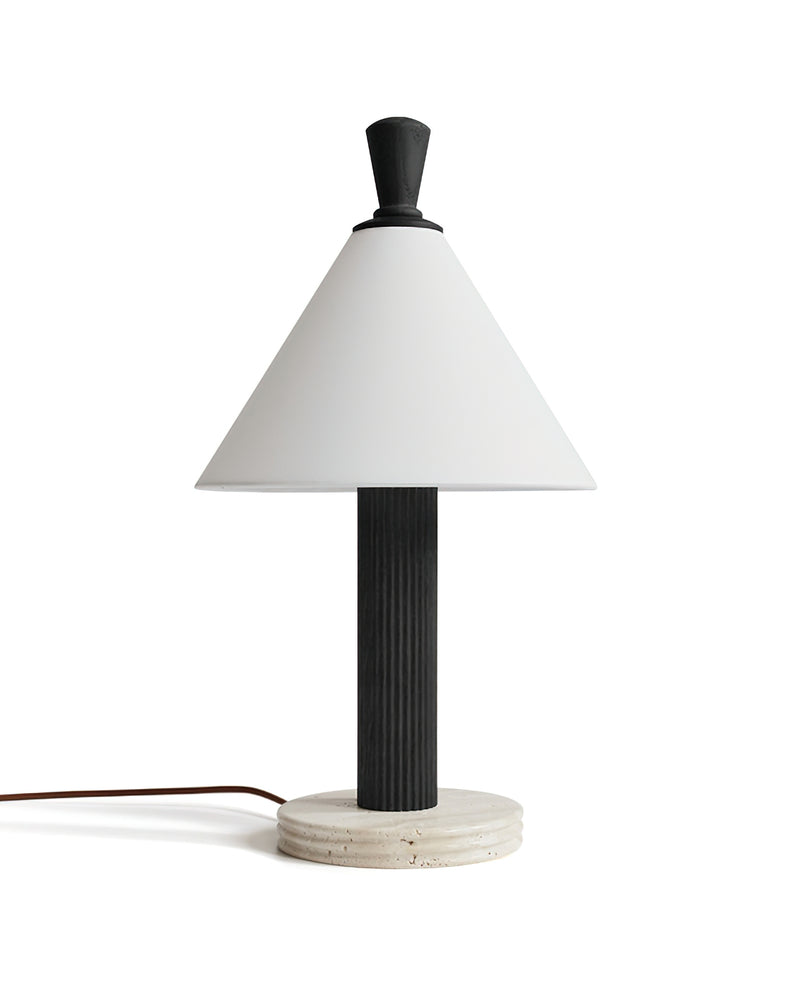 Travertine table lamp IMOLA No.01 in deep black, fluted black stem and white cone shade on a travertine base