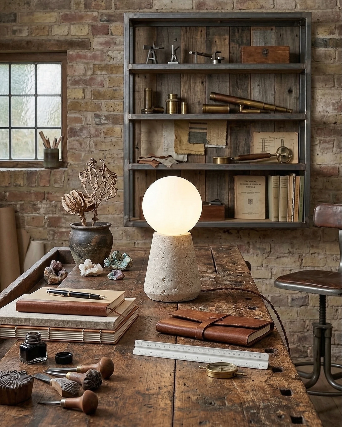 Travertine table lamp MORA No.04 glowing on a rustic workbench with journals in front of a brick wall and shelves