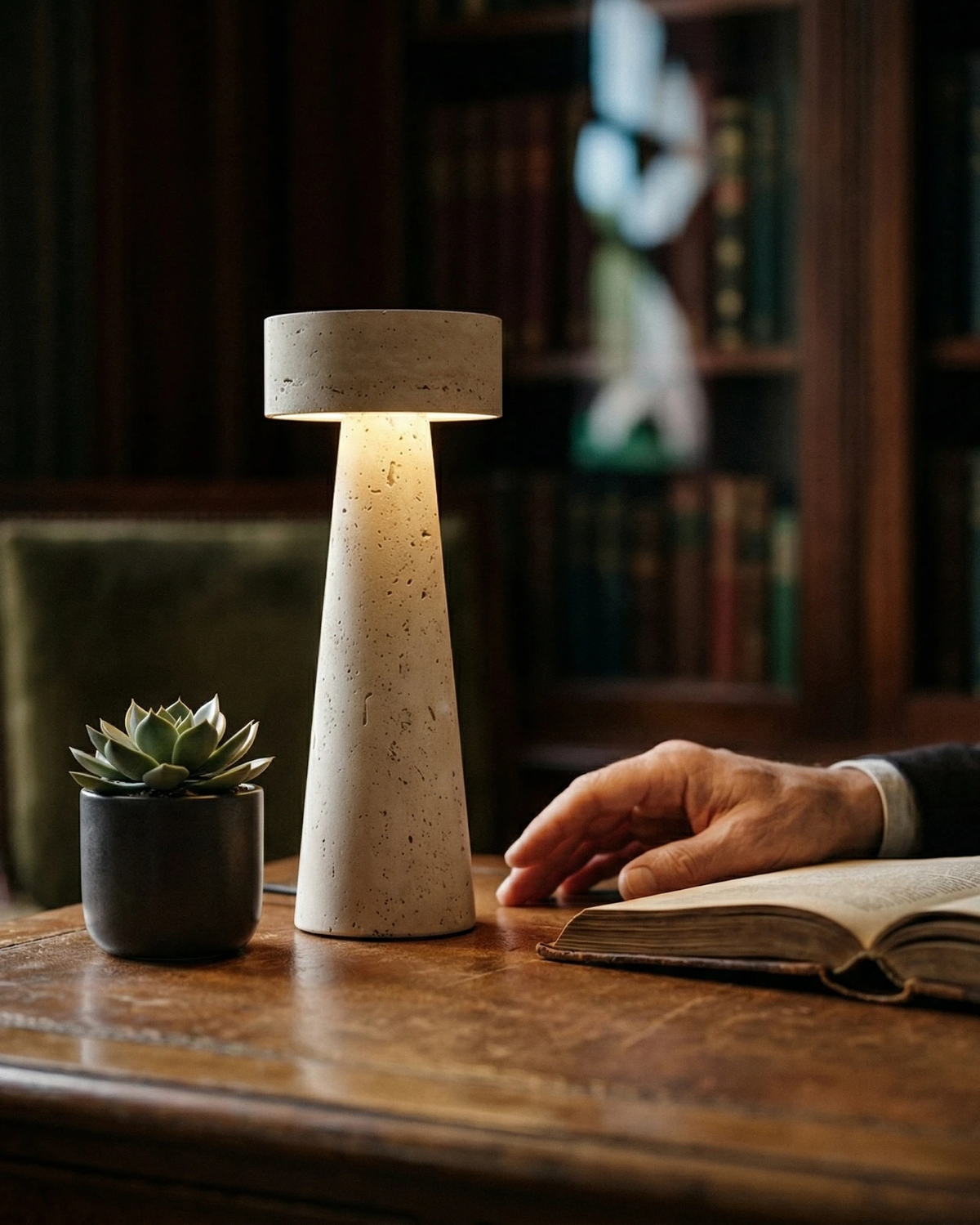 Travertine table lamp MORA No.02 lit on a wooden desk beside a succulent and an open book, bookshelves behind