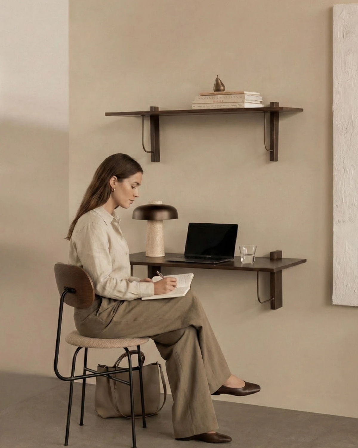 Travertine table lamp ROCCA No.03 on a wall-mounted desk where a woman works on a laptop