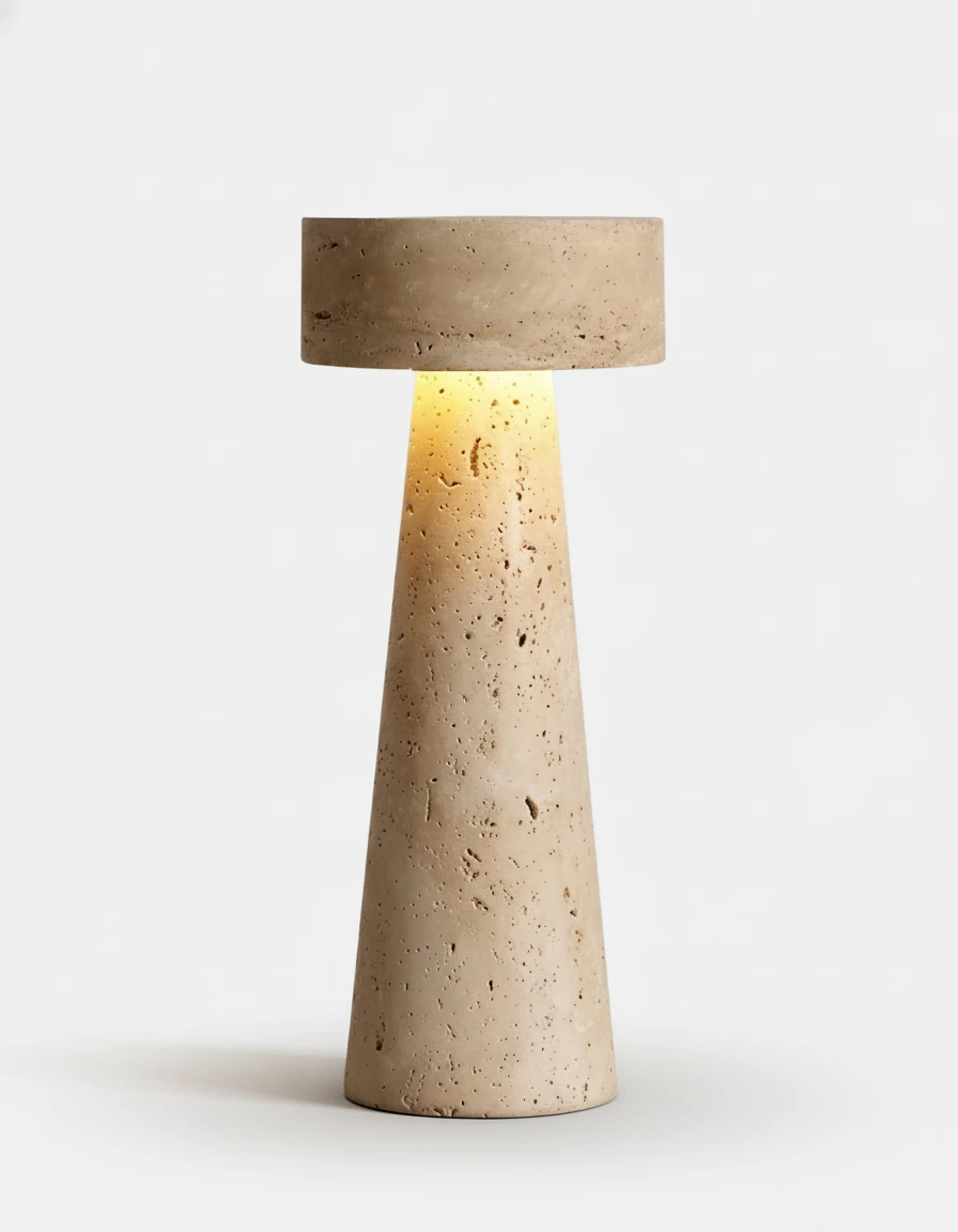 Travertine table lamp MORA No.02, tapered cream travertine column with a flat disc top, switched on