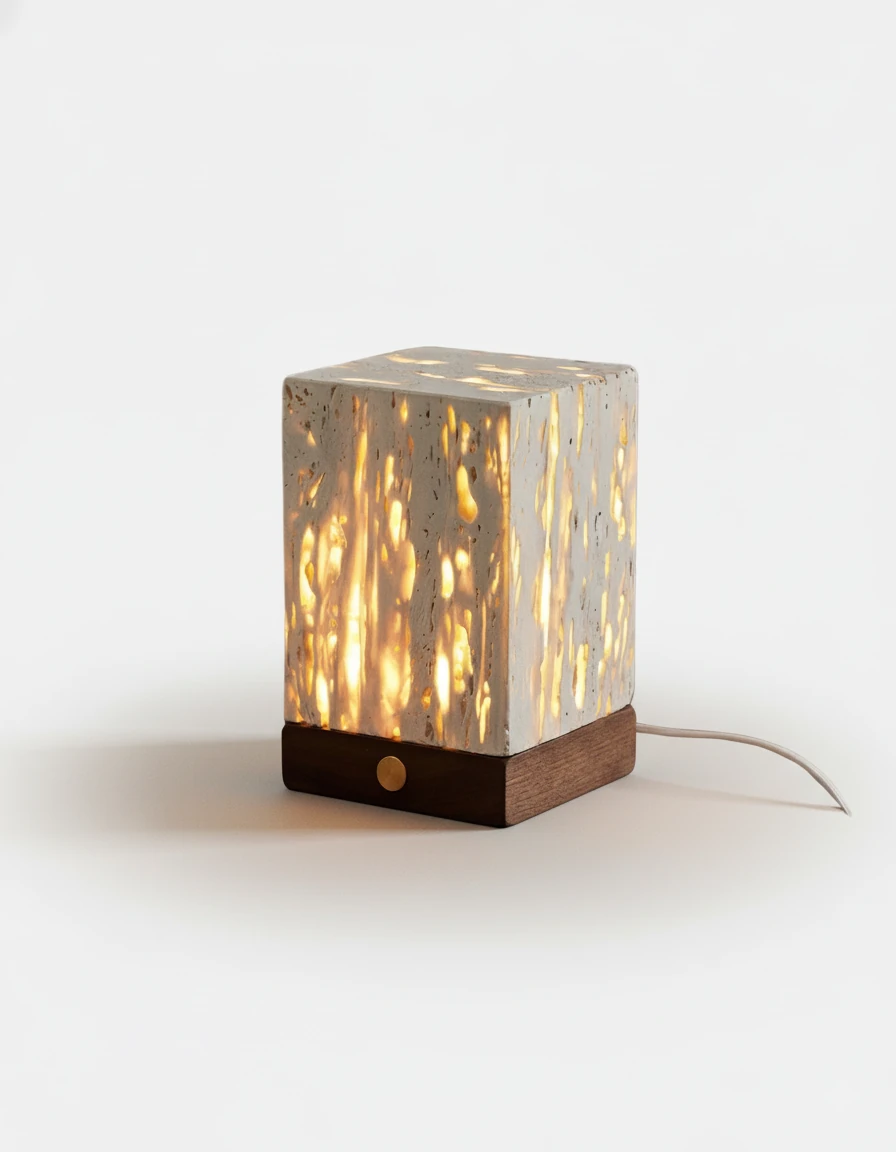 Travertine table lamp MORA No.05 in the Narrow size, tall travertine cube lit from within on a walnut base
