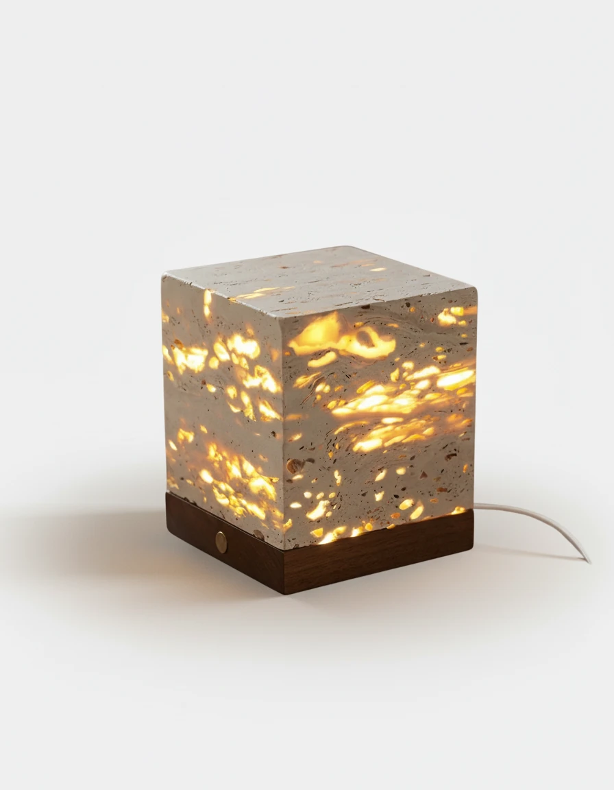 Travertine table lamp MORA No.05 in the Wide size, square travertine cube glowing through its pores on a walnut base