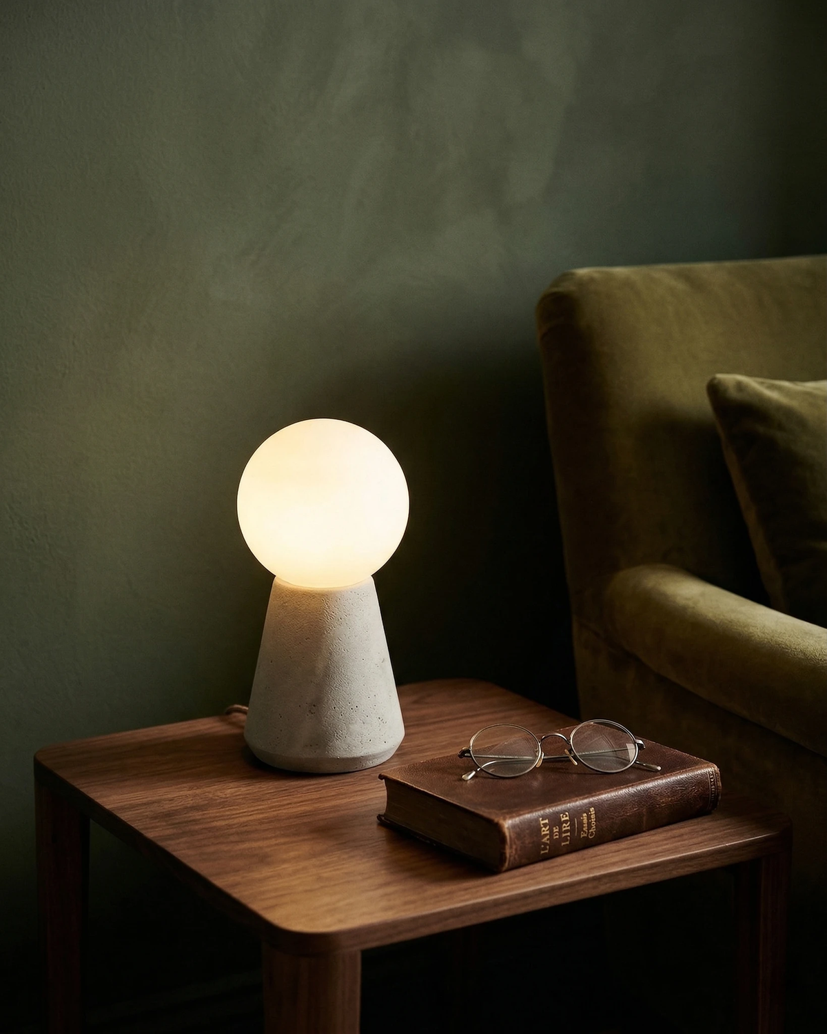 Travertine table lamp MORA No.04 conical, switched on atop a walnut side table beside an olive velvet armchair
