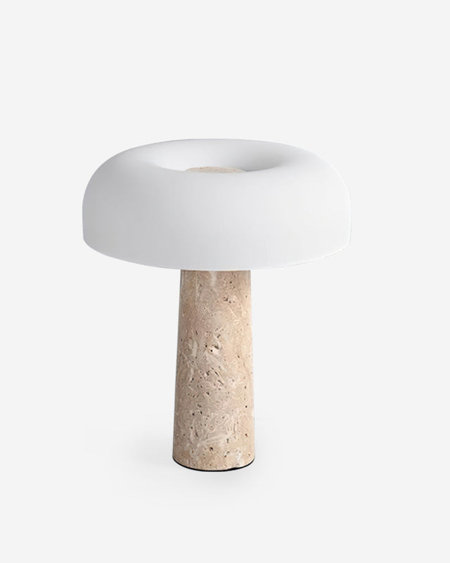 Travertine table lamp MORA No.03, beige travertine column topped with a matte white glass dome, unlit