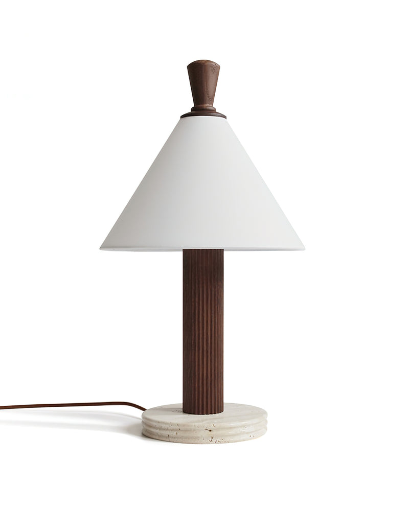 Travertine table lamp IMOLA No.01 in walnut, fluted dark wood stem on a round travertine base, unlit