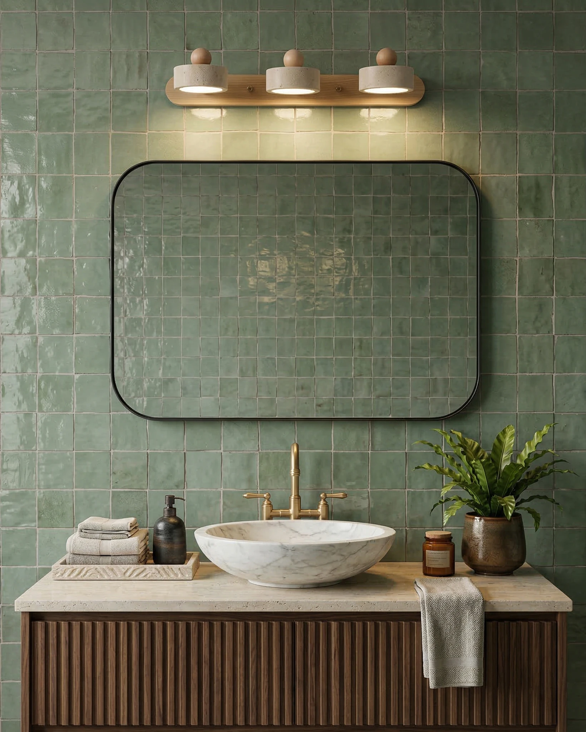 Travertine vanity light PIETRA No.02, triple head bar switched on over a mirror on a green zellige tile vanity wall