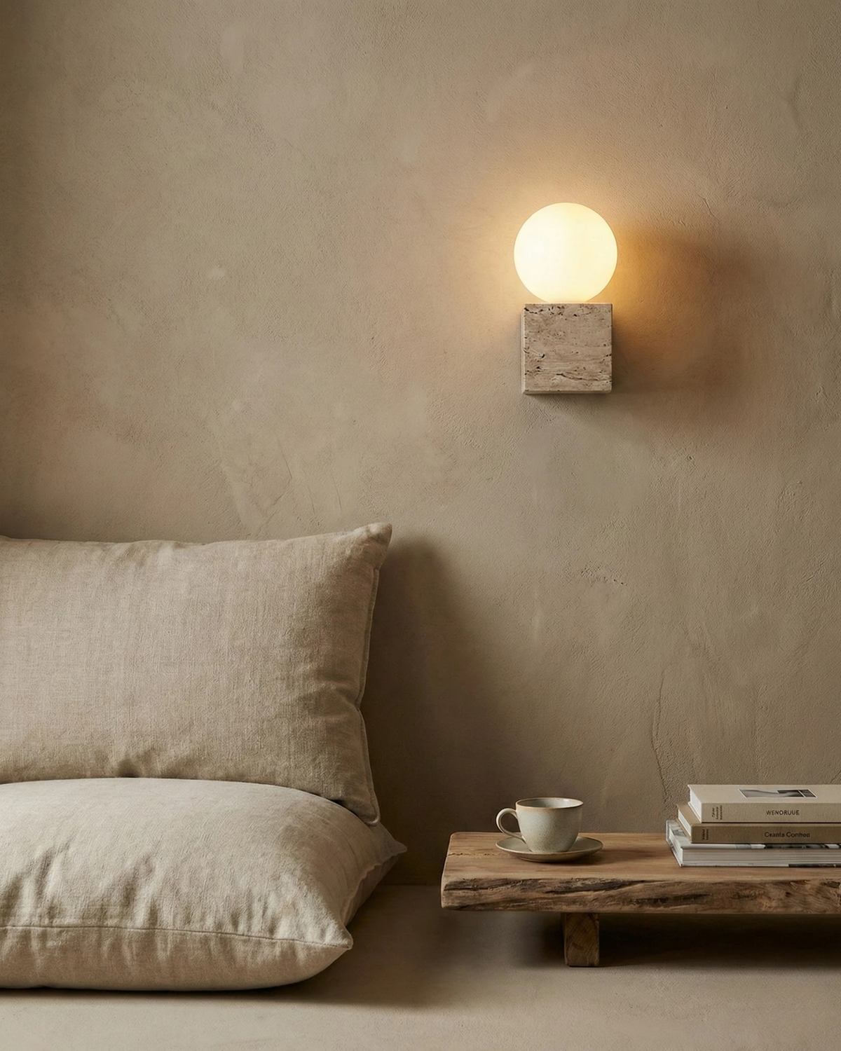 Travertine vanity light MODENA No.01, cube with opal globe lit above linen cushions and a low wooden bench