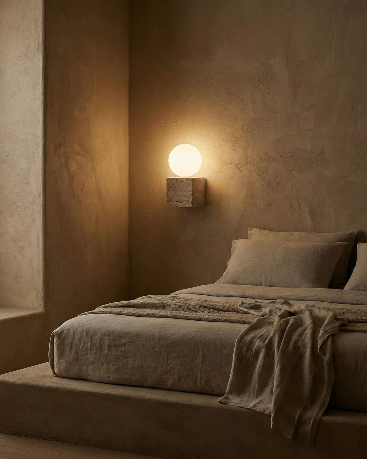 Travertine vanity light MODENA No.01 lit on a plaster wall above a bed with a throw blanket