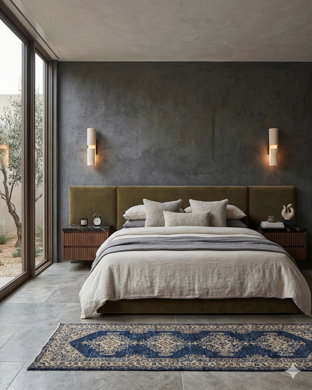 Two travertine vanity lights NOTTI No.01 lit on either side of a bed with a green upholstered headboard