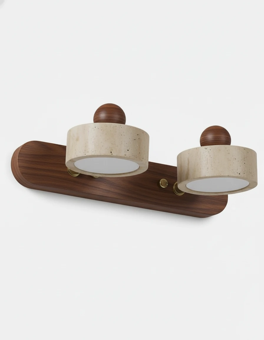 Travertine vanity light PIETRA No.02, double head with cream travertine drums on a dark walnut bar, unlit