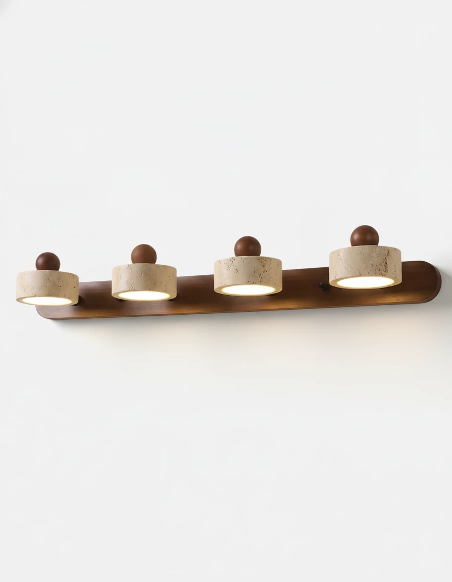 Travertine vanity light PIETRA No.02, quadruple head with four travertine drums on a dark walnut bar, unlit