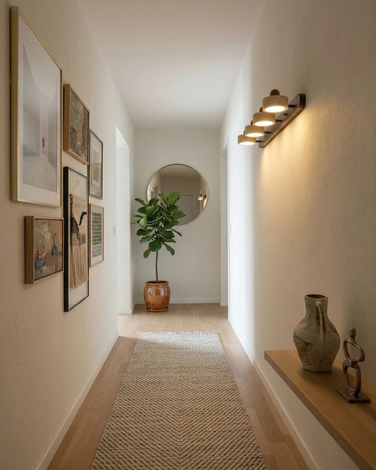 Travertine vanity light PIETRA No.02, triple head bar lit at the end of a hallway with a gallery wall