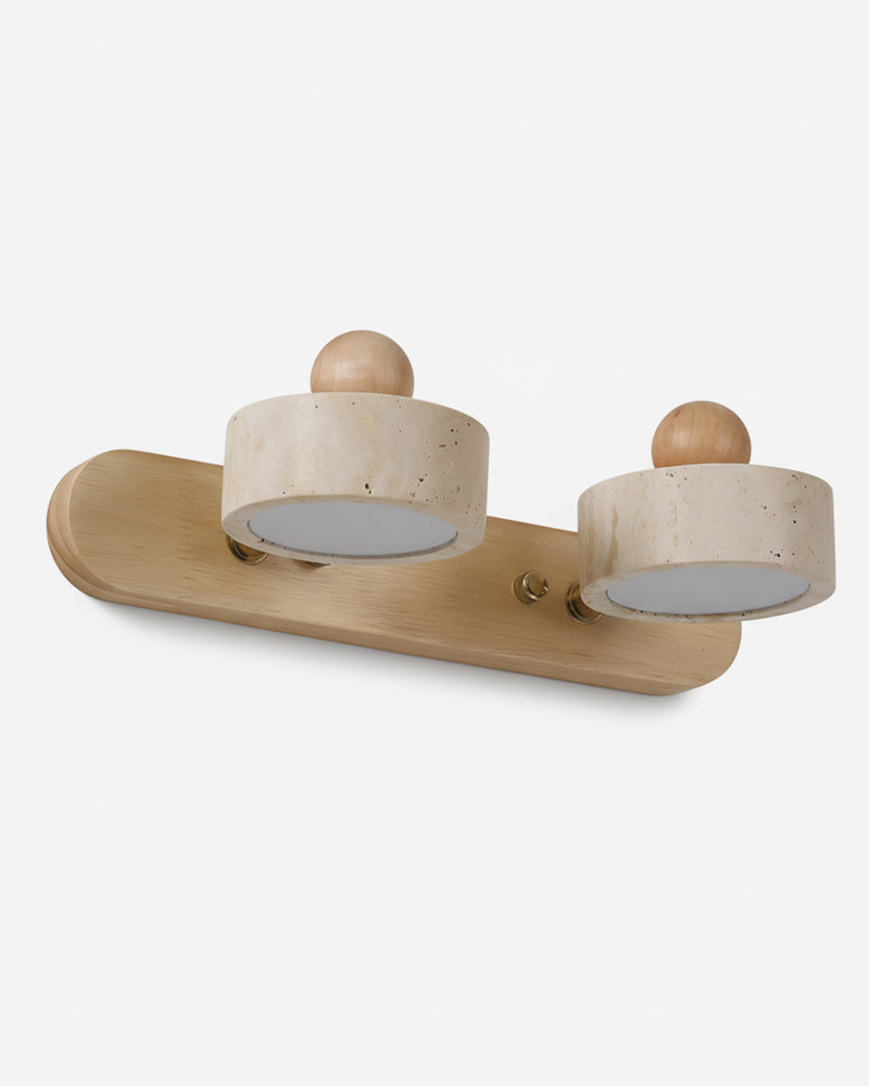 Travertine vanity light PIETRA No.02, double head with two travertine drums on a light walnut bar, unlit