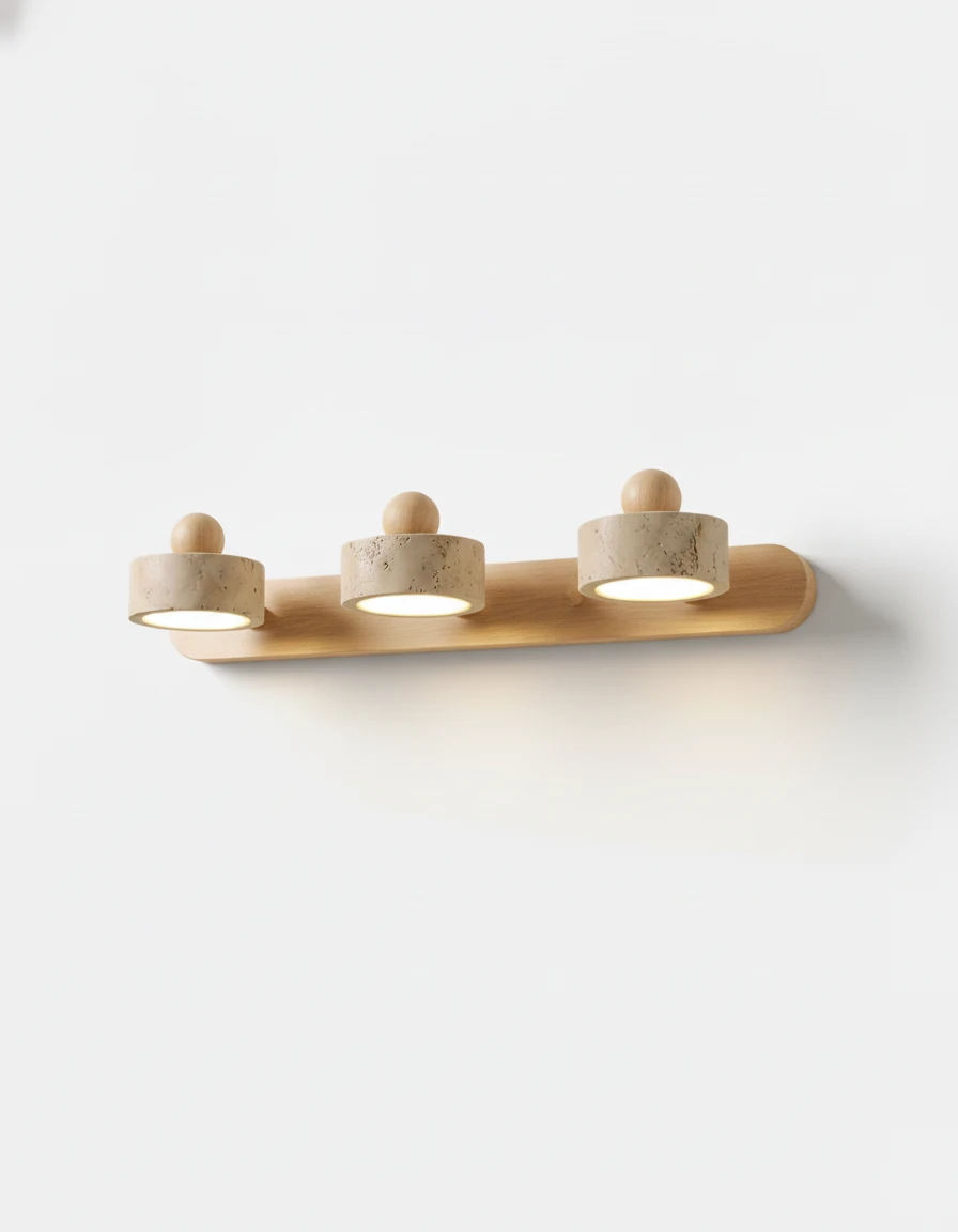 Travertine vanity light PIETRA No.02, triple head on a light walnut bar with three travertine drums, unlit