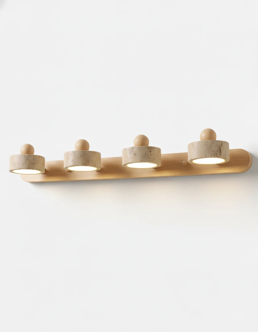 Travertine vanity light PIETRA No.02, quadruple head with four drums on a light walnut bar, unlit