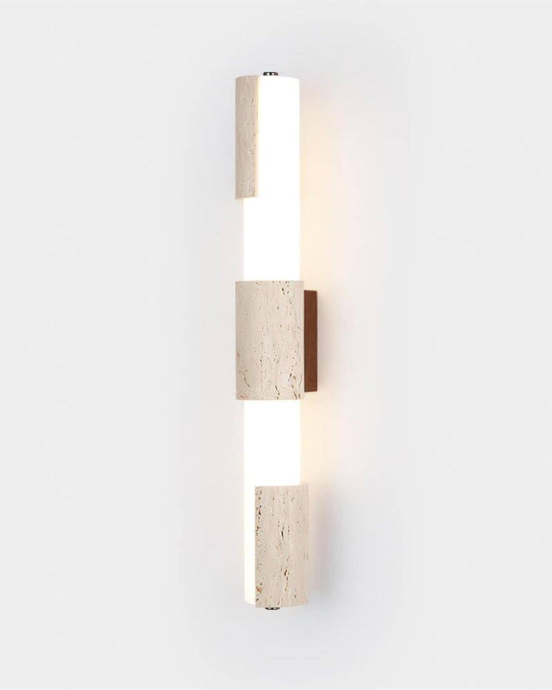 Travertine vanity light NOTTI No.01 long size, vertical bar with travertine blocks and two lit opal segments