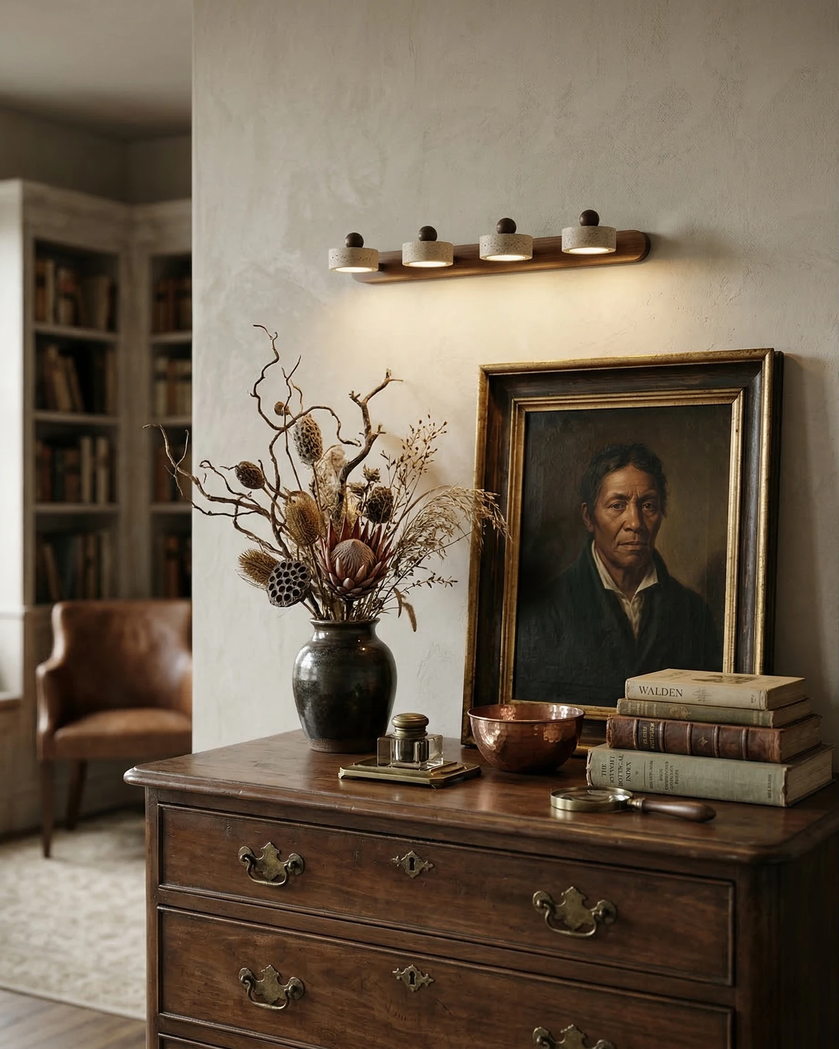 Travertine vanity light PIETRA No.02, four heads on a walnut bar lit above a chest of drawers with a portrait painting