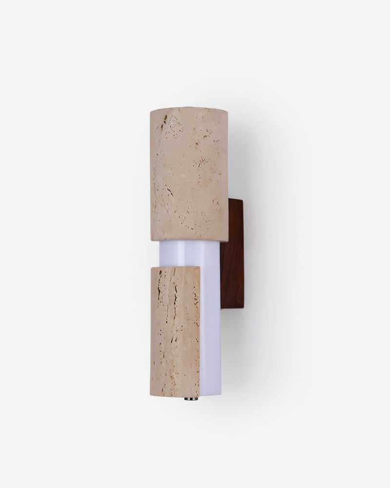 Travertine vanity light NOTTI No.01 short size, two travertine cylinders framing an opal tube on a walnut bracket, unlit