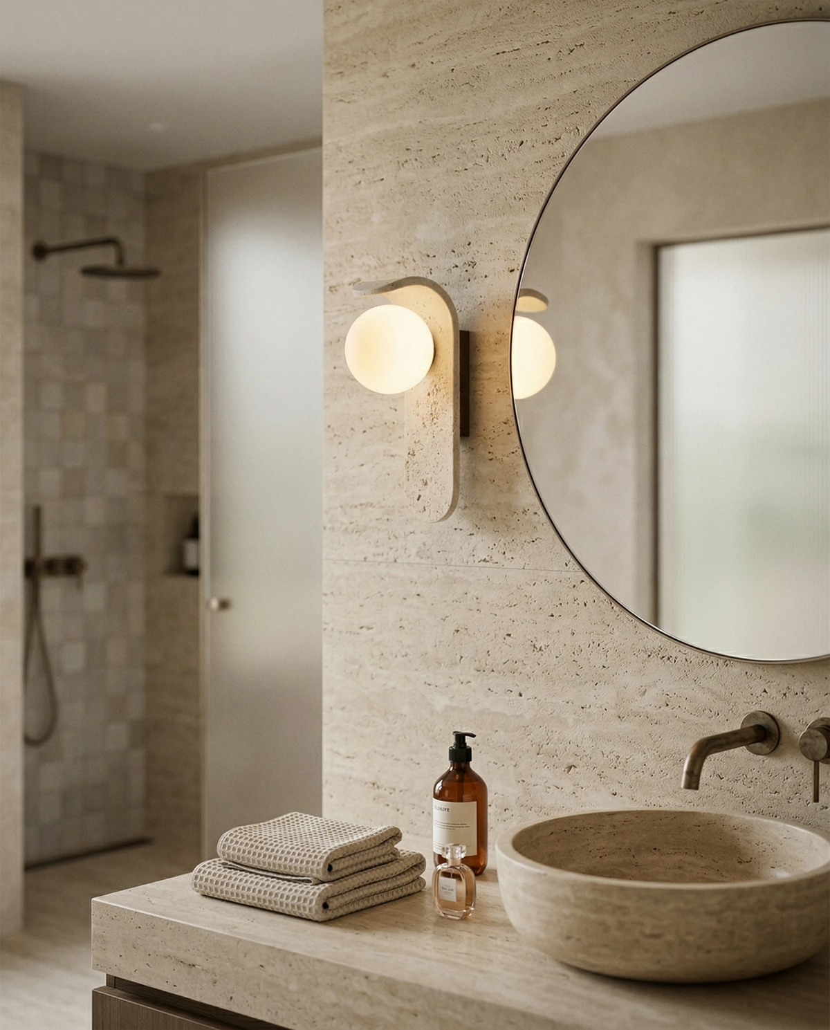 Travertine wall sconce ARCO No.01 lit beside a round mirror above a stone basin in a travertine bathroom
